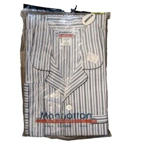 NOS 2X Manhattan Vintage Mens Pajama Set Blue Stripe 1980s Blend Button Front